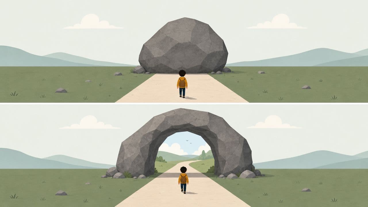 A child walking toward a rock that transforms into an archway symbolizing overcoming life obstacles.