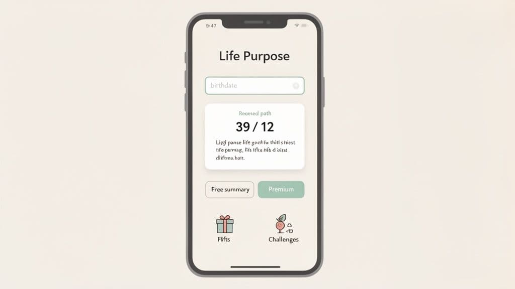 A smartphone app displaying 'Life Purpose' with a birthdate input, calculated path, and subscription options.