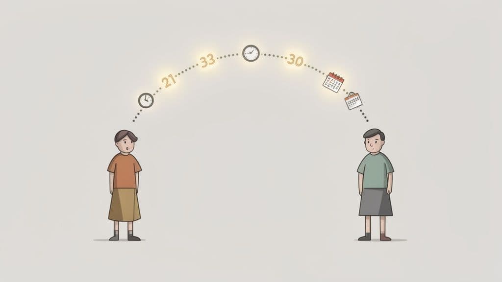Two individuals connected by an arched timeline featuring clocks, ages 21, 33, 30, and calendars.