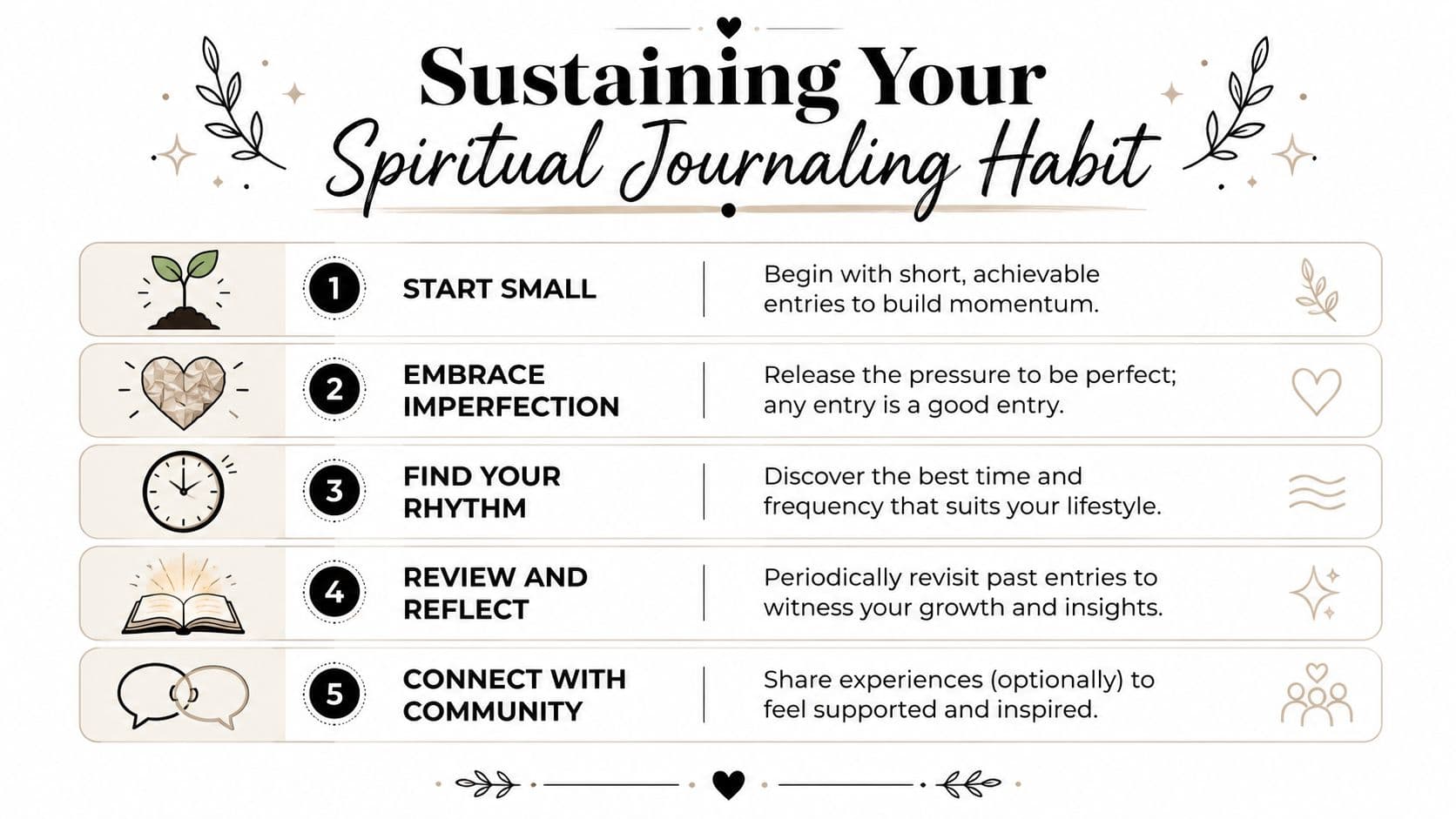 An infographic titled Sustaining Your Spiritual Journaling Habit featuring five numbered steps for consistent journaling practice.