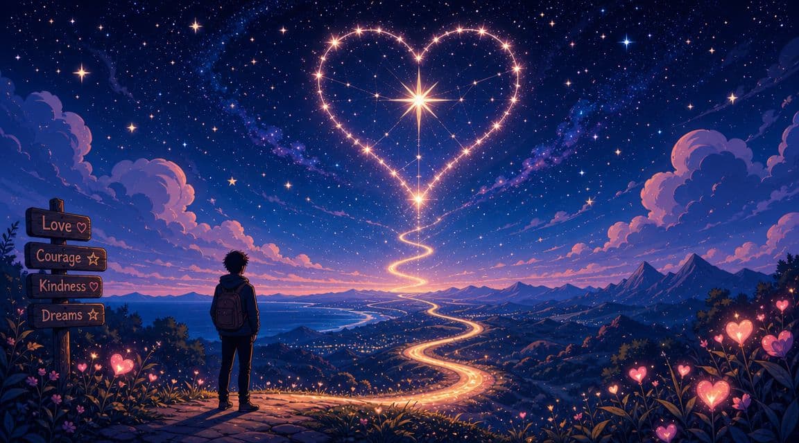 A person looking at a winding path leading to a glowing heart shape in the starry sky.
