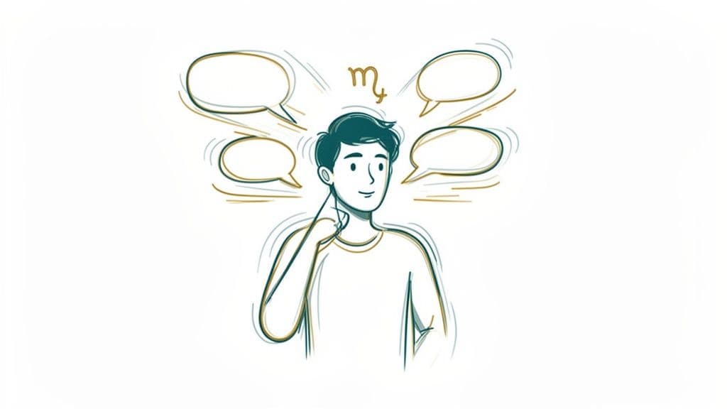 A thoughtful man scratching his ear, surrounded by speech bubbles and a Scorpio zodiac sign.