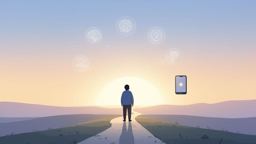 An illustration of a person on a path facing a sunset, surrounded by mind icons and a smartphone.