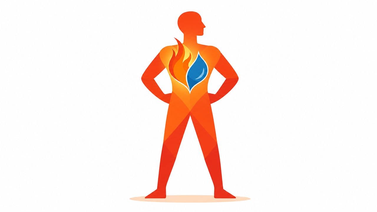 A stylized human figure with an abstract design depicting fire and water symbols in the chest area.