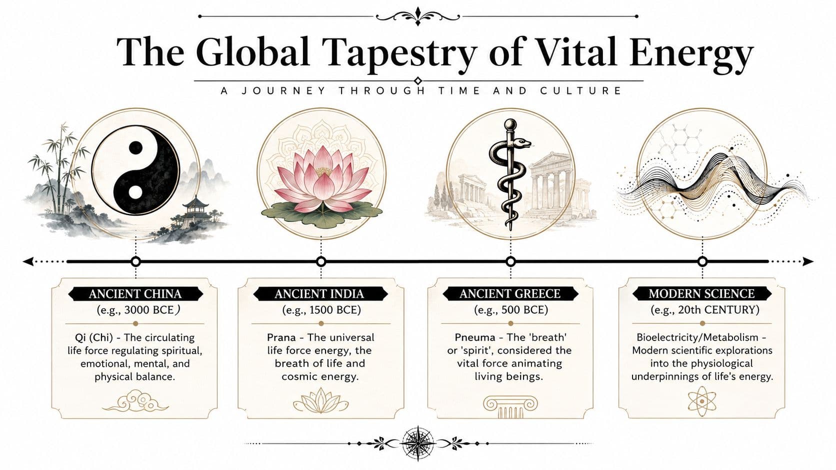 A timeline infographic illustrating the concept of vital life force energy across ancient China, India, Greece, and modern science.
