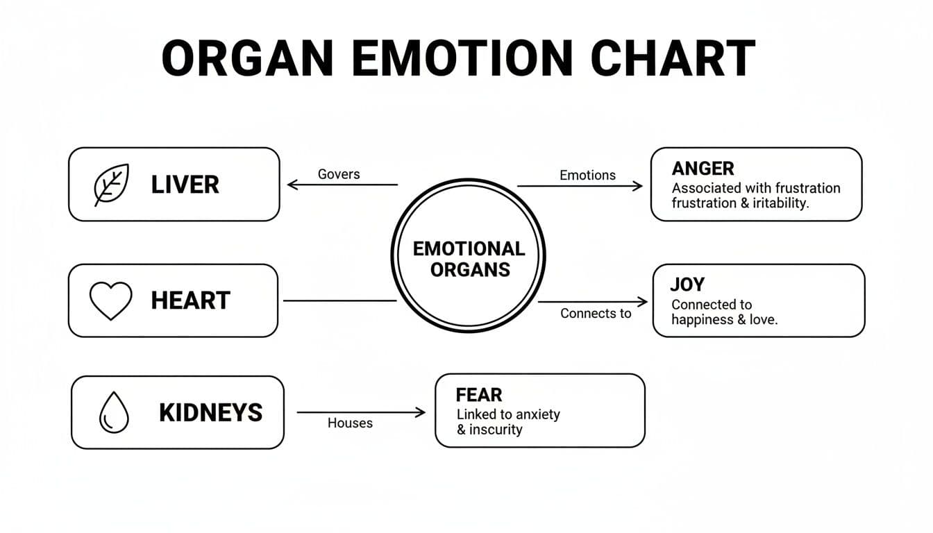 An organ emotion chart illustrating how liver, heart, and kidneys are linked to anger, joy, and fear.