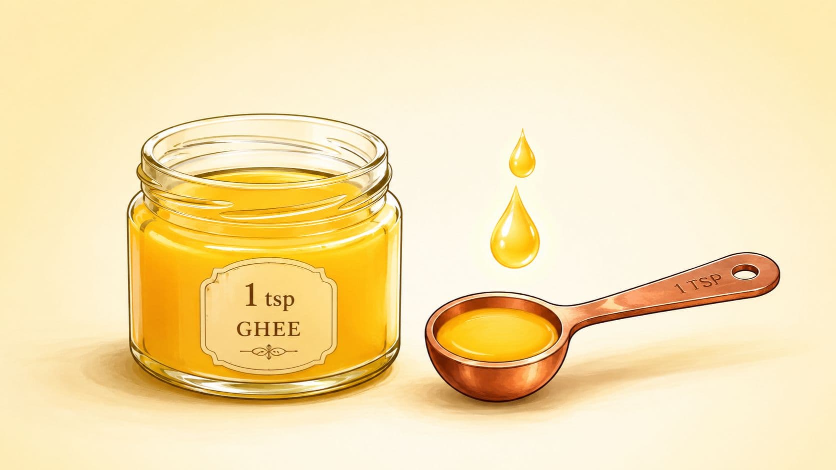 A glass jar labeled one teaspoon of ghee next to a copper measuring spoon filled with ghee.