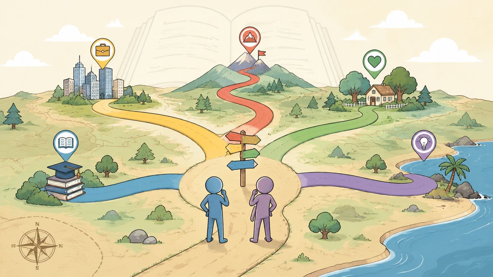 Two people standing at a crossroads choosing between different paths representing life goals and personal development paths.