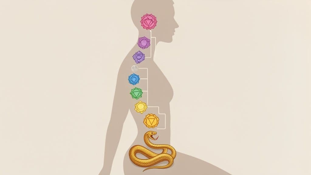 Silhouette of a person showing seven colorful chakras and a golden kundalini snake.