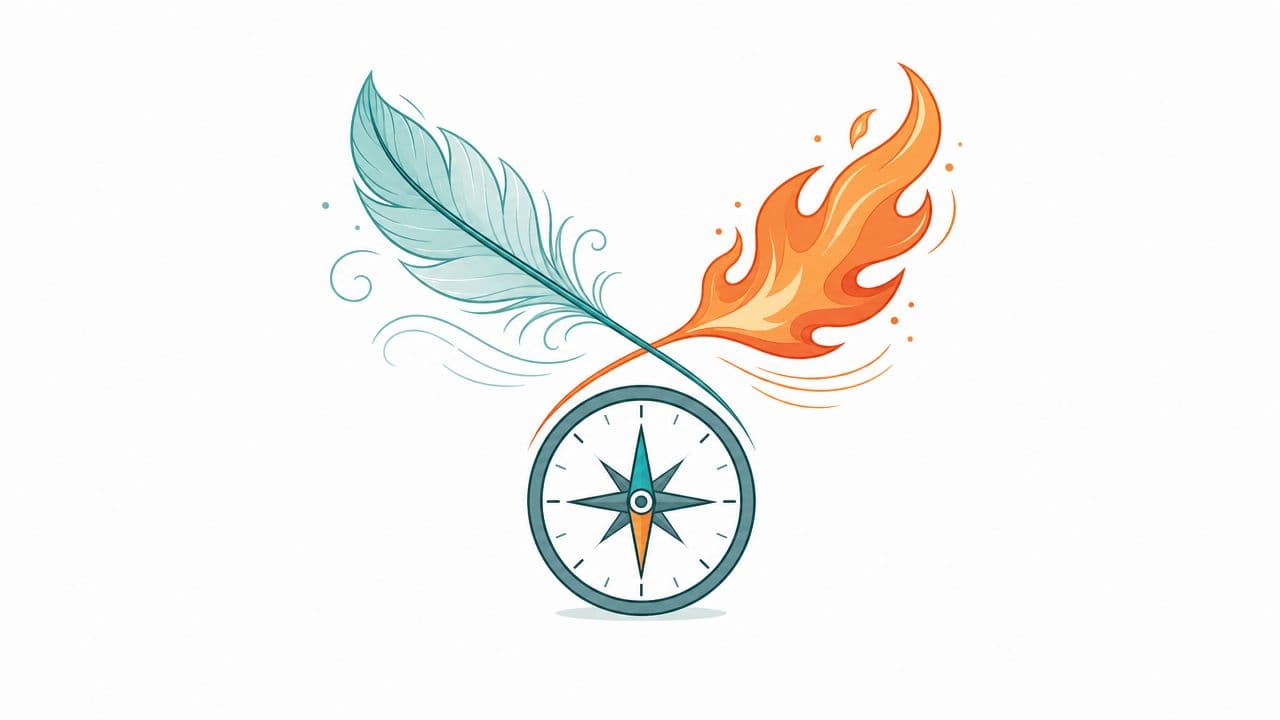 A stylized artistic illustration featuring a feather and flame crossing over a vintage navigation compass.