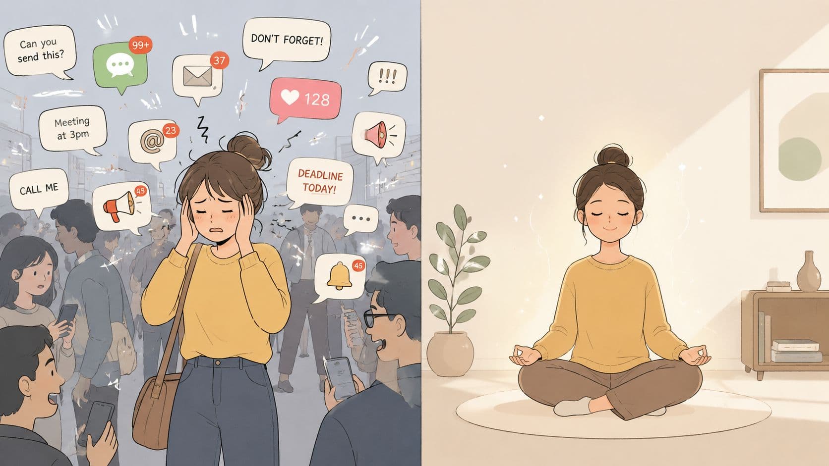 A split screen illustration comparing a stressed woman in a busy crowd to one meditating peacefully indoors.