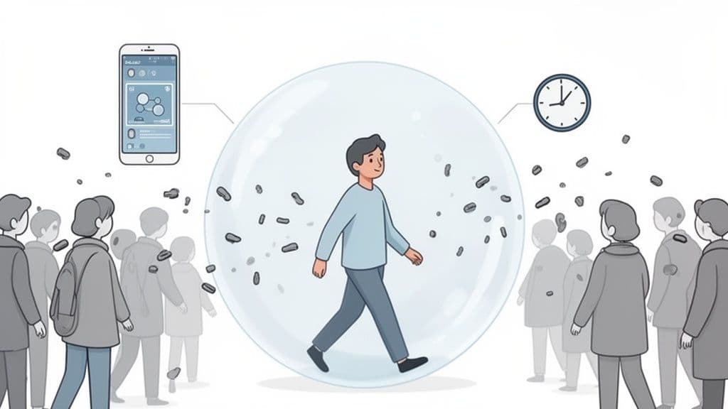 A man walks inside a protective bubble, shielding himself from external distractions and negative energy.