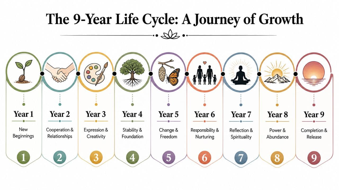 A diagram illustrating the 9-year life cycle as a journey of personal growth from beginnings to completion.