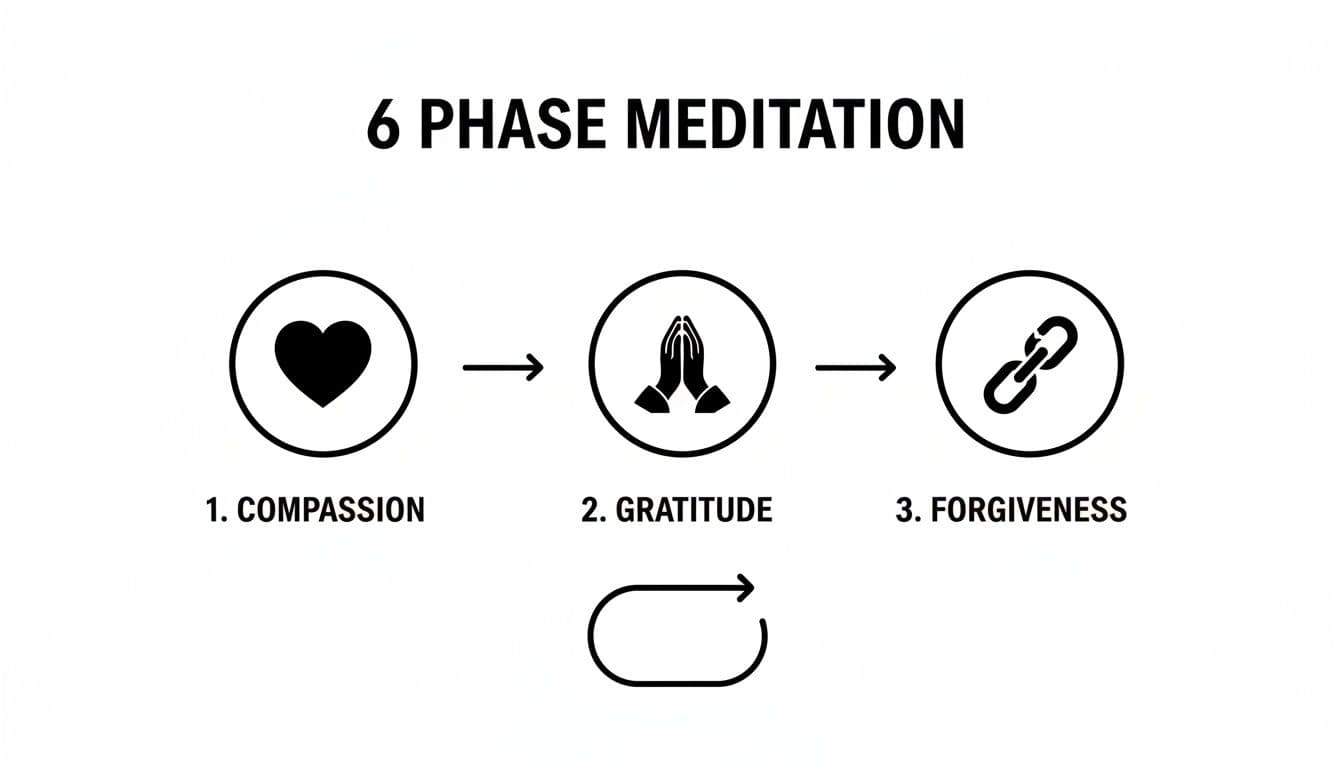 A diagram illustrating the first three phases of 6 Phase Meditation: Compassion, Gratitude, Forgiveness.