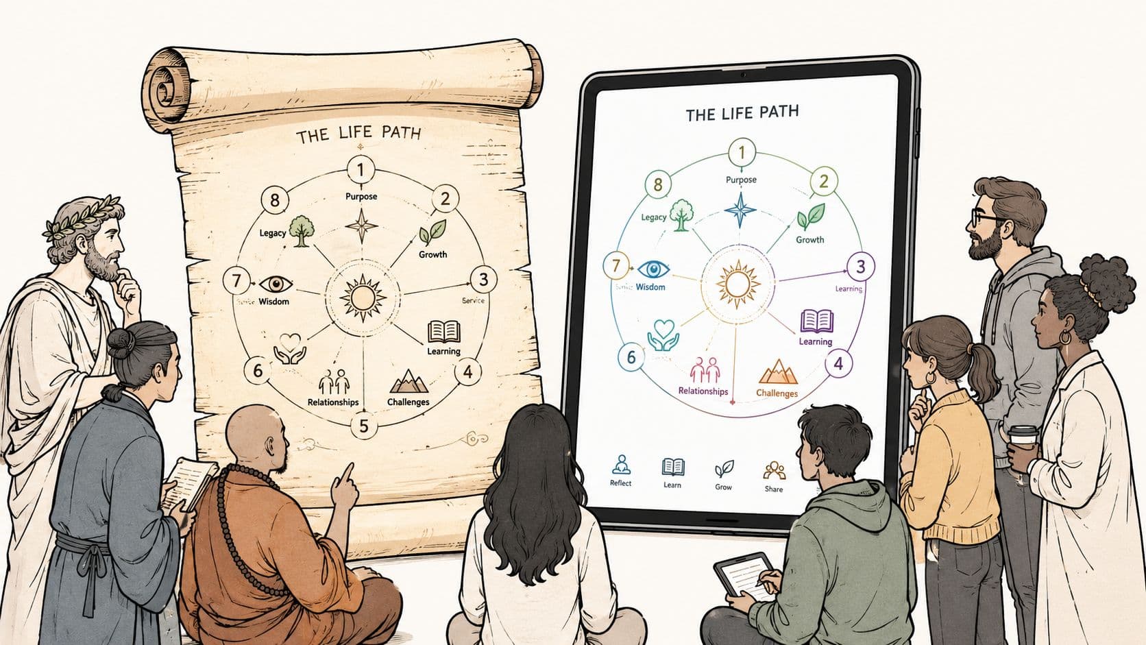 A diverse group of people studying a conceptual diagram titled The Life Path on a scroll and tablet.