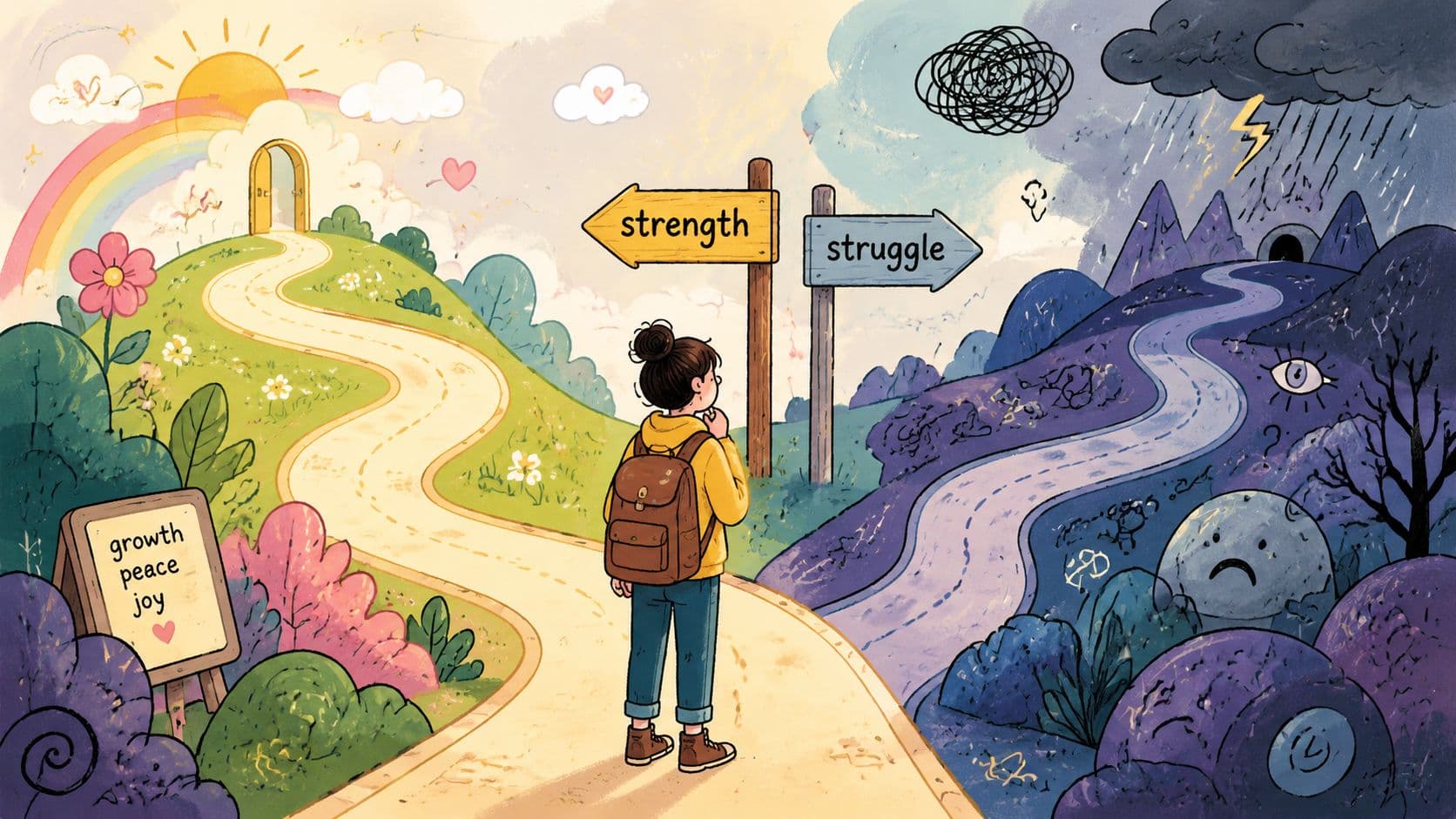 A person standing at a fork in the road choosing between a bright path and a dark path.