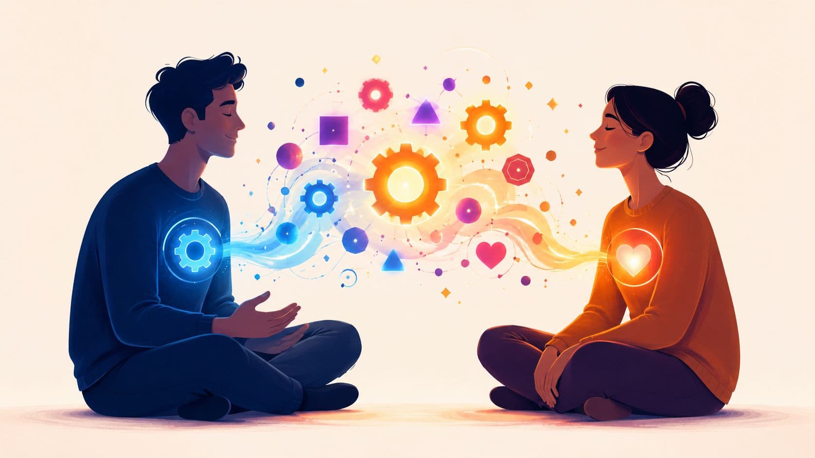 A man and woman sitting cross-legged facing each other with symbolic glowing gear and heart icons between them.