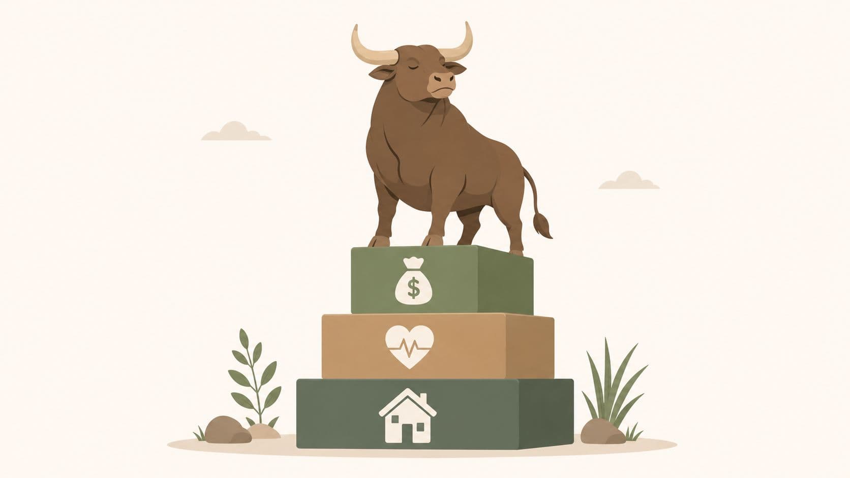 A stoic bull stands atop a stacked pedestal representing wealth, health, and home foundations.