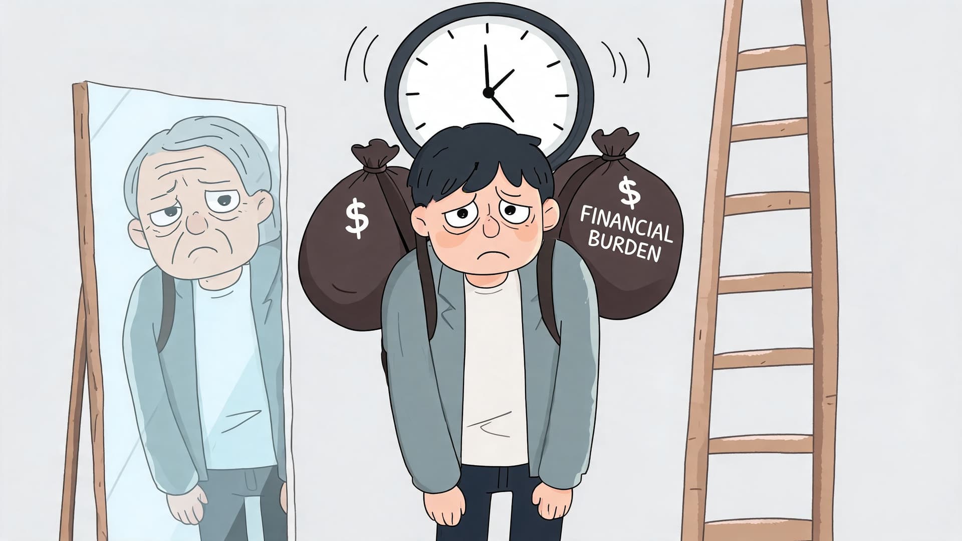 A young man looking tired and aged in a mirror while carrying heavy bags representing financial burdens.