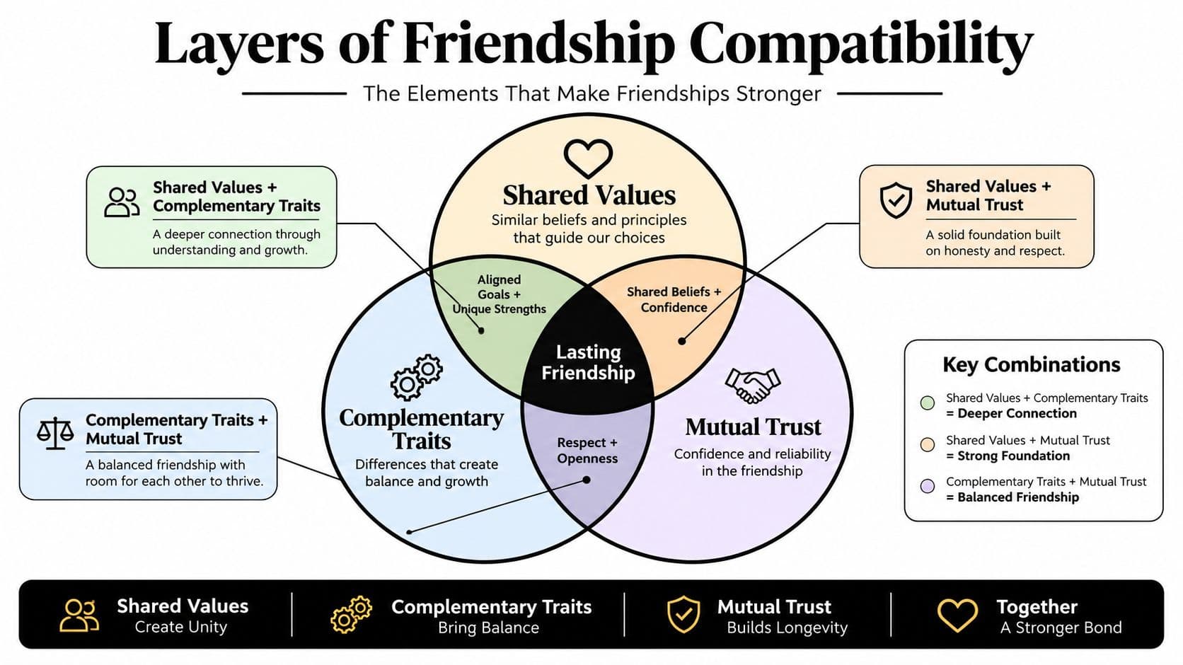 A Venn diagram showing three circles representing Shared Values, Complementary Traits, and Mutual Trust forming a lasting friendship.