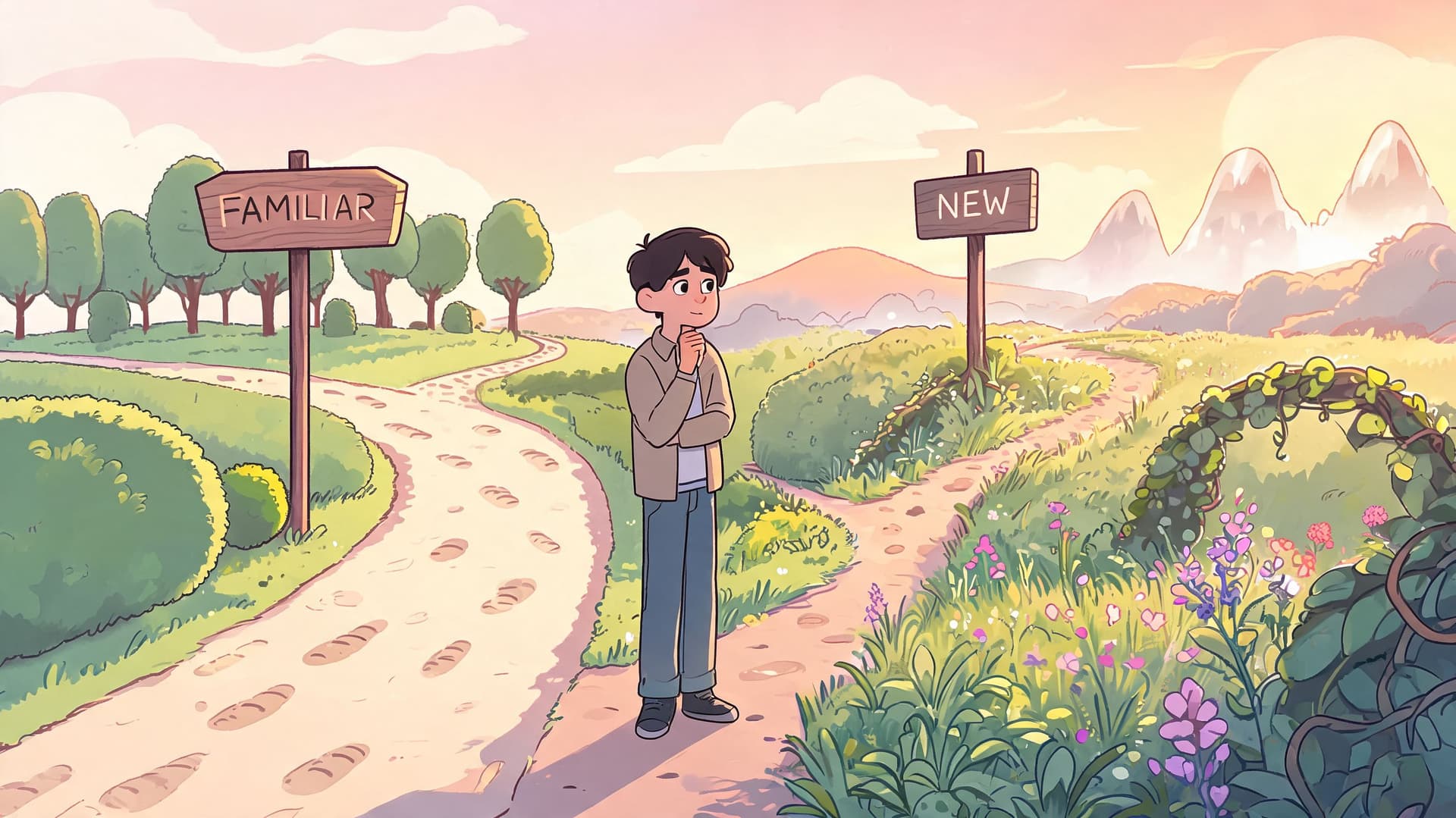 An illustrated boy stands at a fork in the path choosing between the familiar and the new.