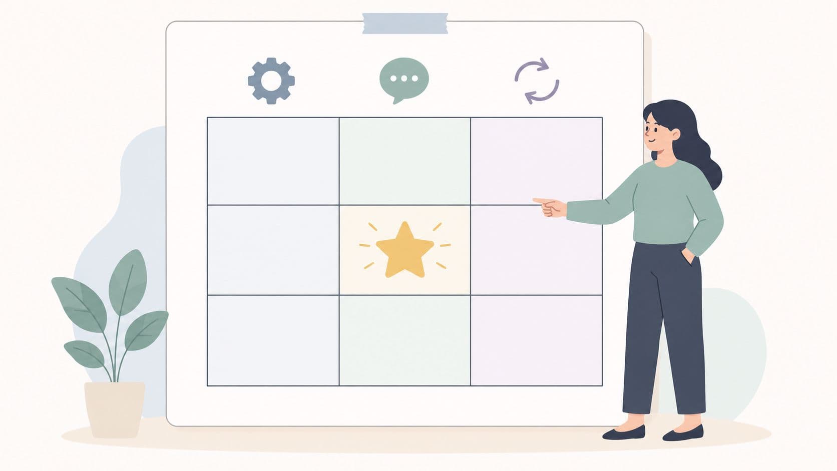 A professional woman presenting a grid chart with icons while pointing to a central star symbol.