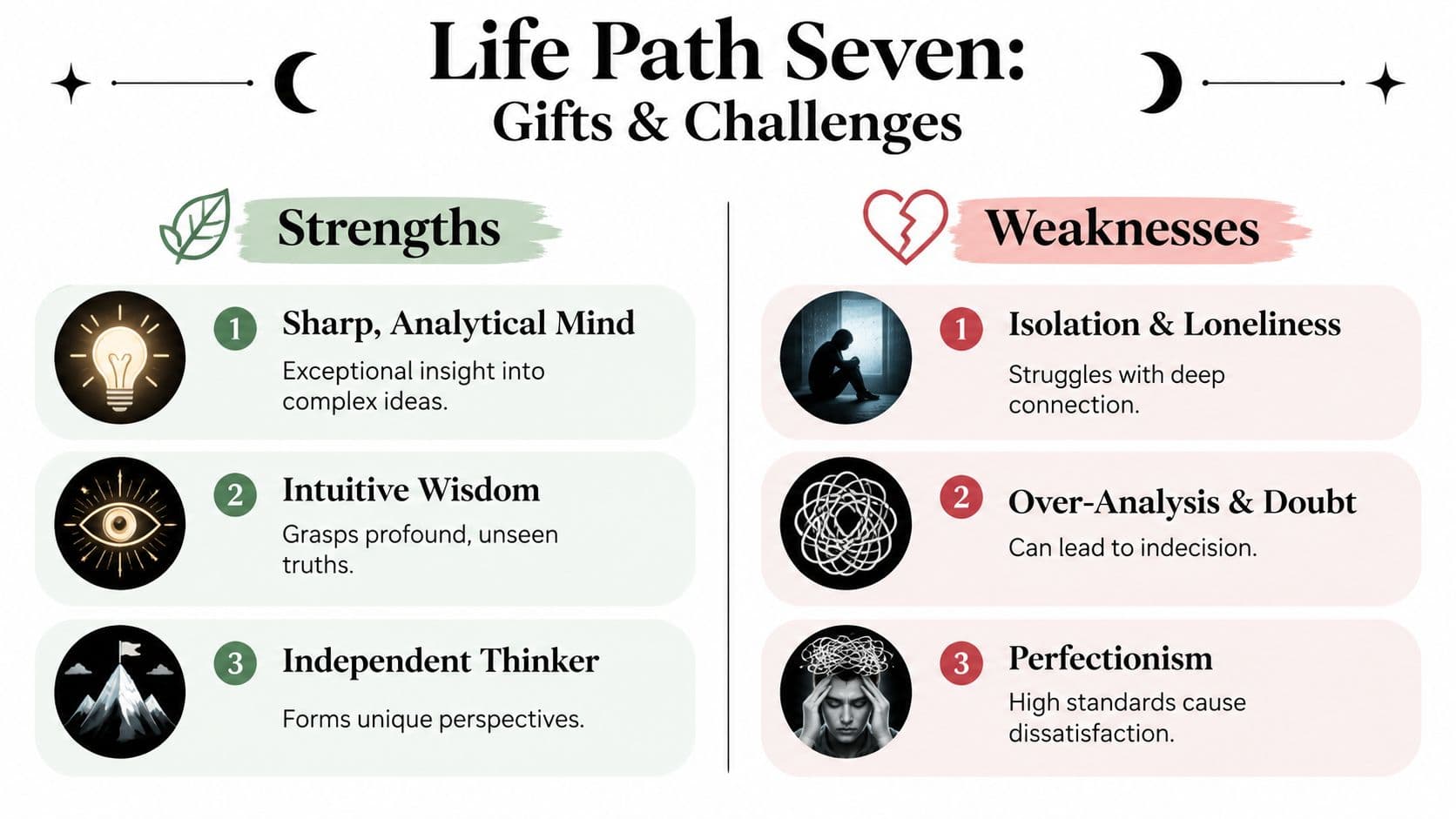A visual chart titled Life Path Seven outlining key personality strengths and common personal challenges.