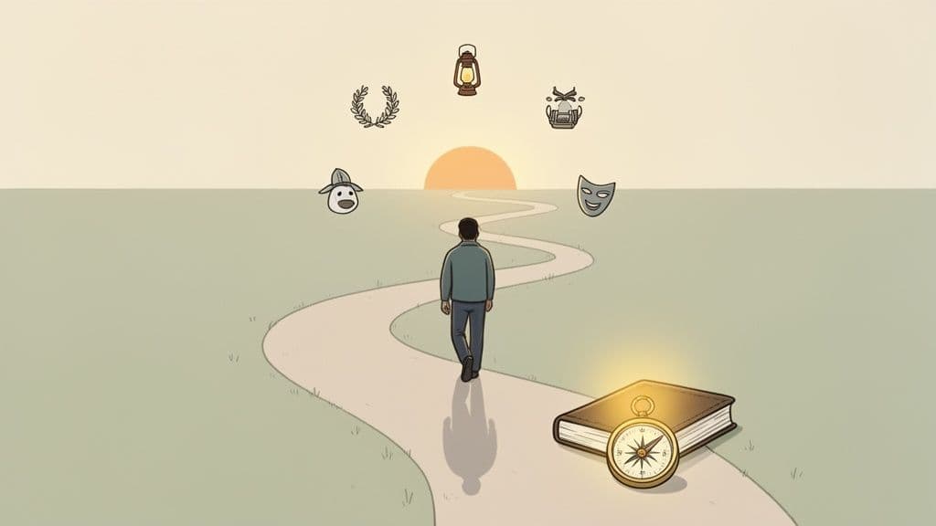 A person walks a winding path towards a sunset, surrounded by symbols representing archetypes and guidance.