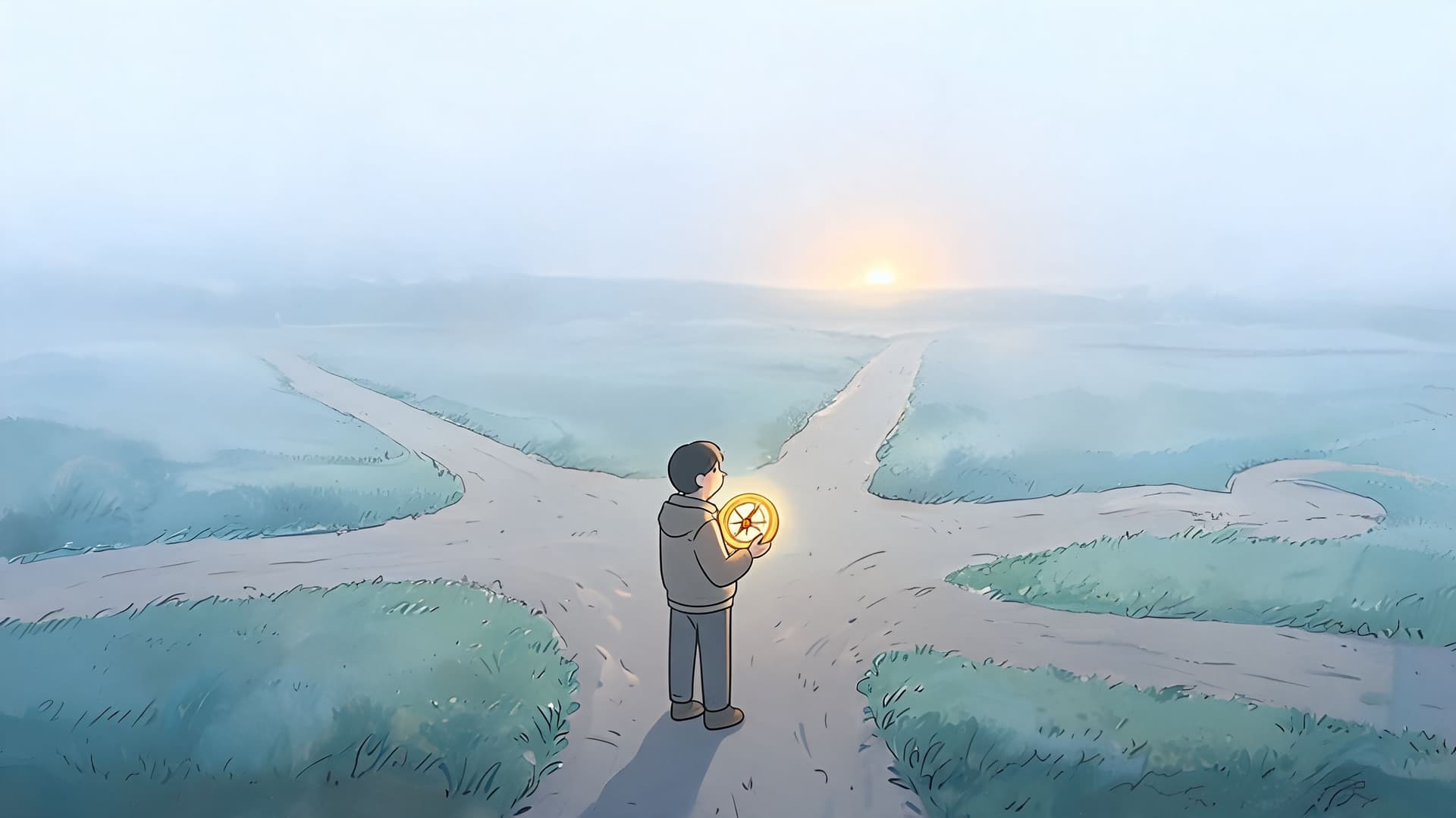 A young man standing at a three-way road fork holding a glowing compass seeking life purpose.