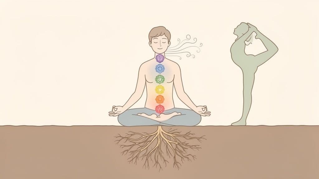 A person meditating with vibrant chakras and grounding roots, beside another person in a graceful yoga pose.