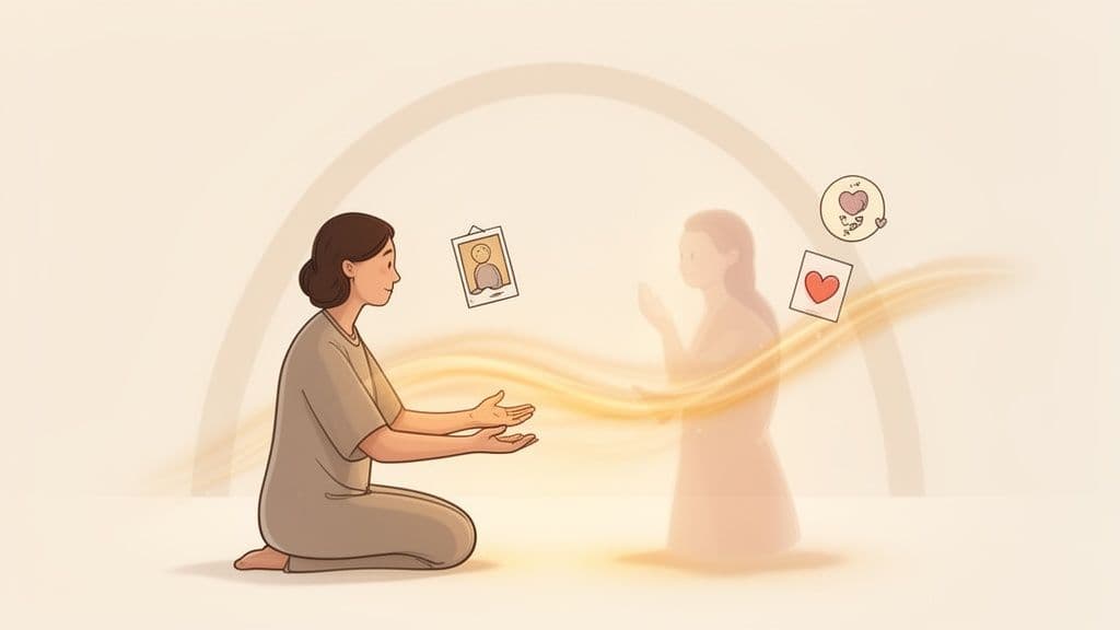 A woman meditating, connecting with a translucent figure through golden energy, symbolizing introspection and spiritual connection.