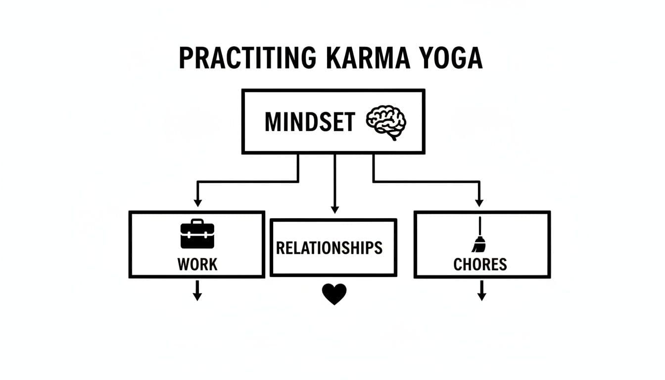 Diagram illustrating practicing Karma Yoga through mindset applied to work, relationships, and chores.