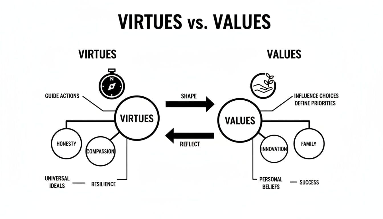 Diagram comparing virtues and values, showing how they shape and reflect each other with examples.