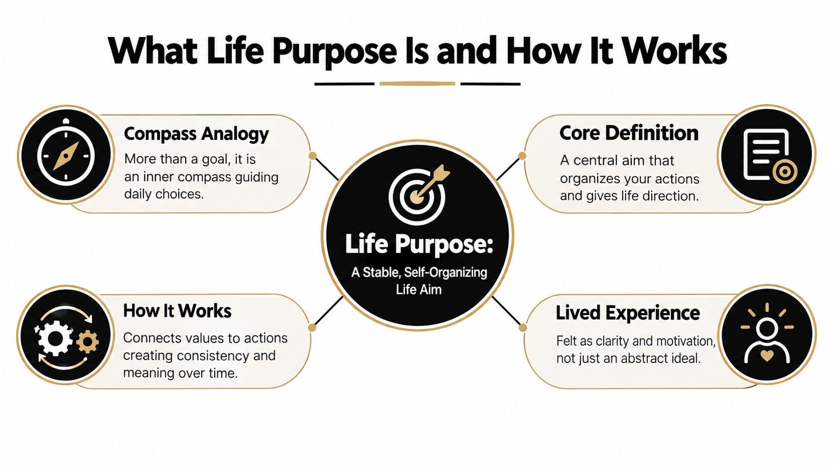 A diagram explaining life purpose as a stable, self-organizing aim through core concepts and key characteristics.