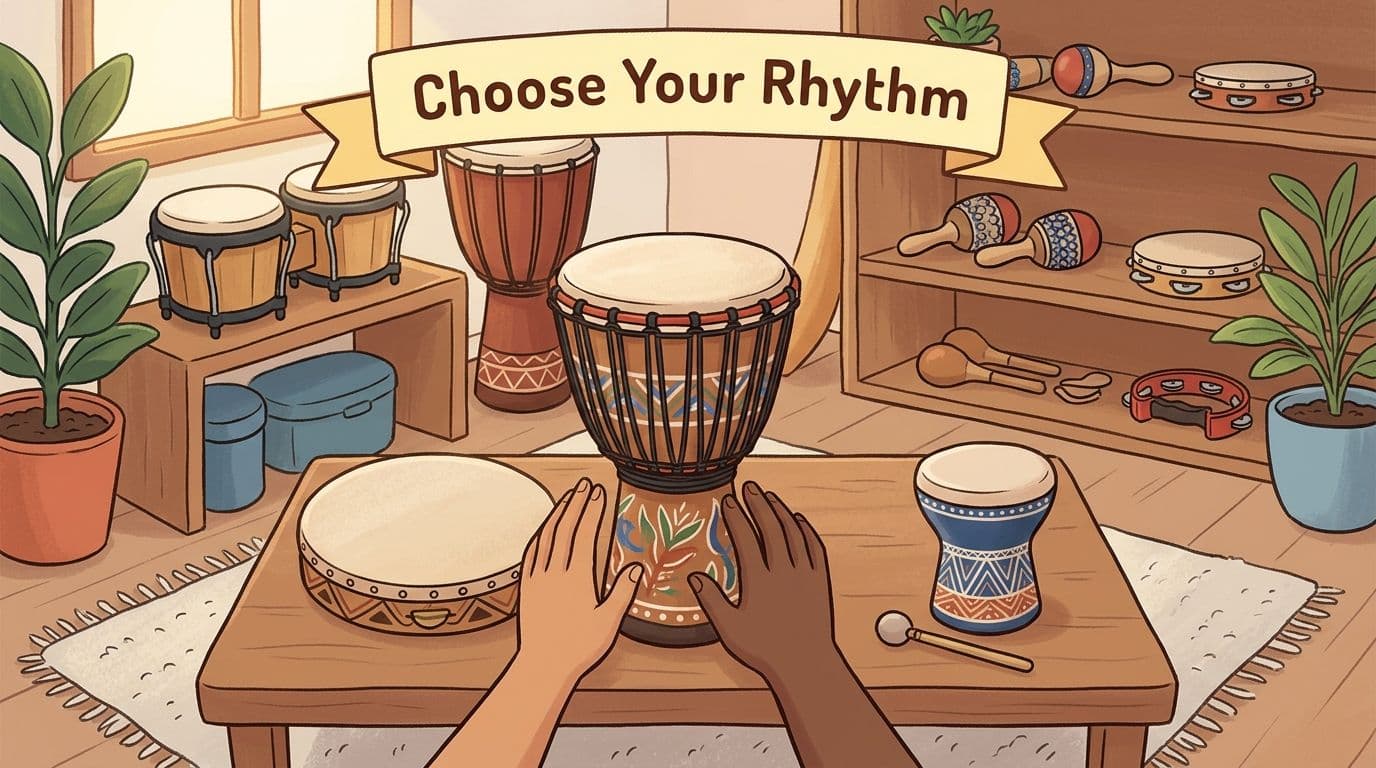 A first-person view of hands playing a djembe drum on a wooden table in a cozy room.