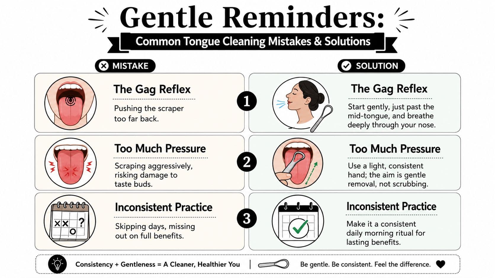 An infographic showing common tongue cleaning mistakes versus proper techniques for a healthier, cleaner oral routine.