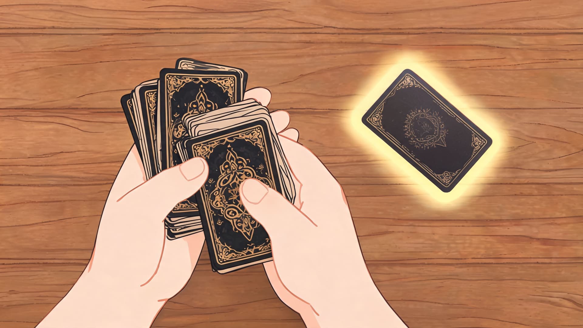 A person holding a deck of mystical oracle cards with an additional glowing card resting nearby.