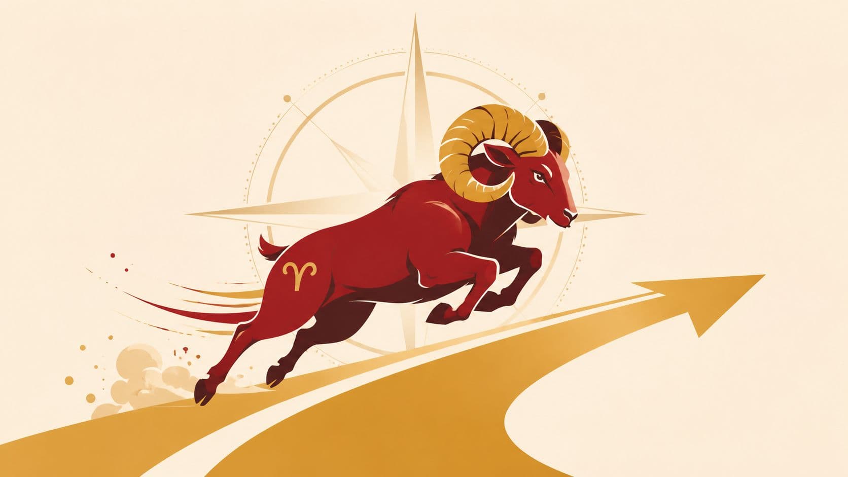 A dynamic illustration of an Aries ram leaping forward against a compass background with a golden arrow.