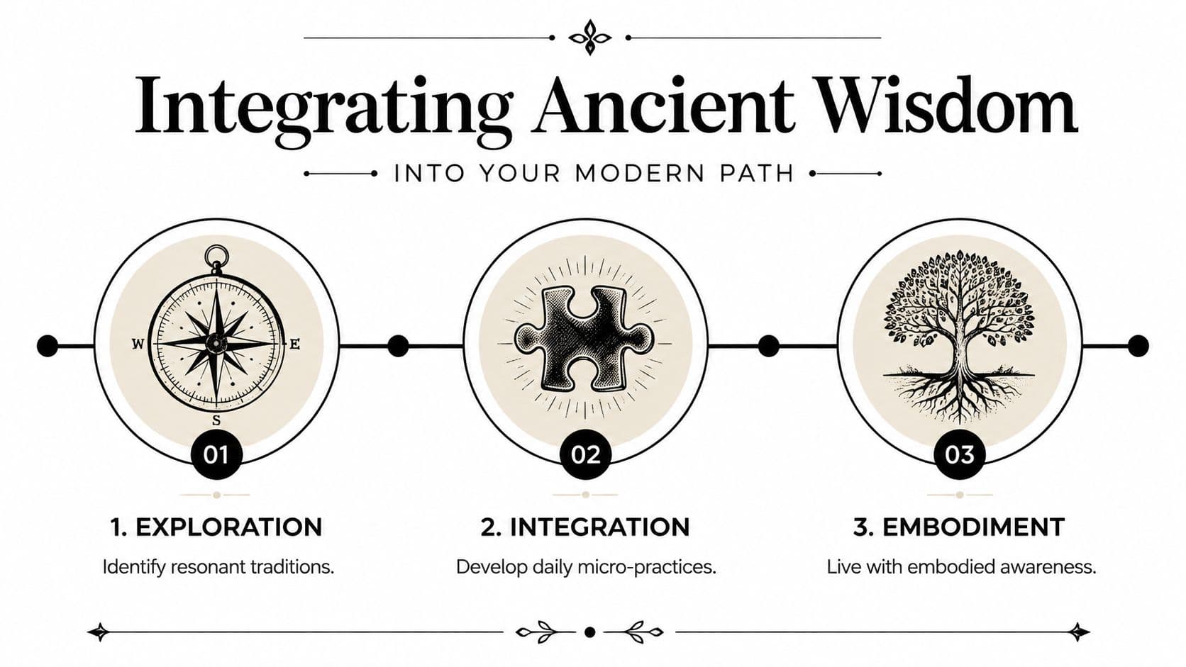 A three-step infographic showing steps for integrating ancient wisdom into a modern path: exploration, integration, and embodiment.