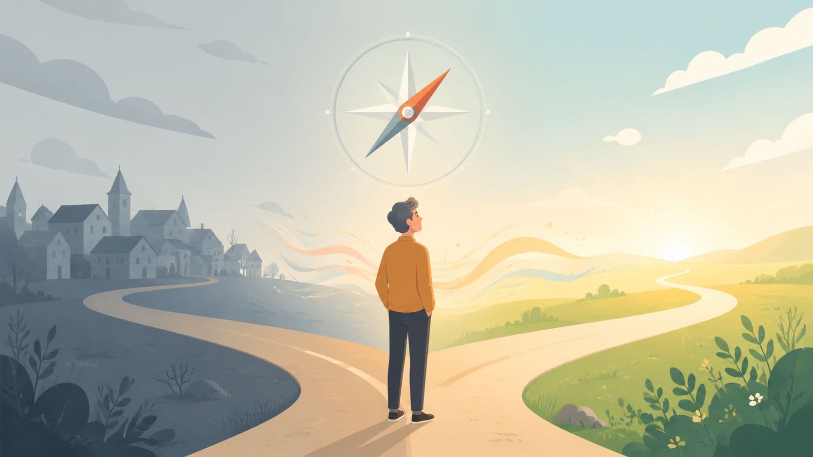 A person standing at a crossroads between a gloomy town and a vibrant, sunny landscape with a compass.