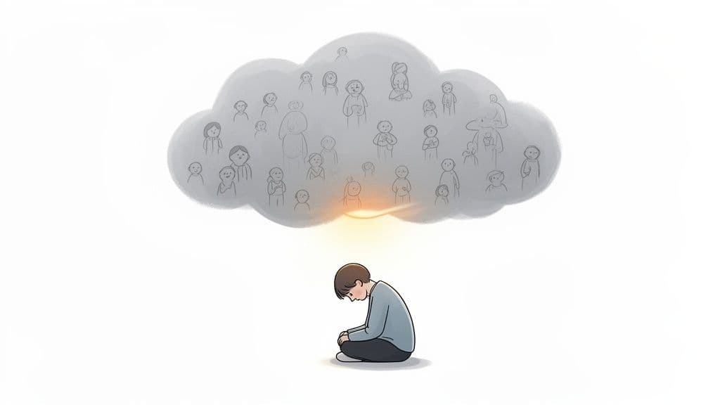 A person sits alone, head bowed, under a cloud representing numerous people, with a light shining.