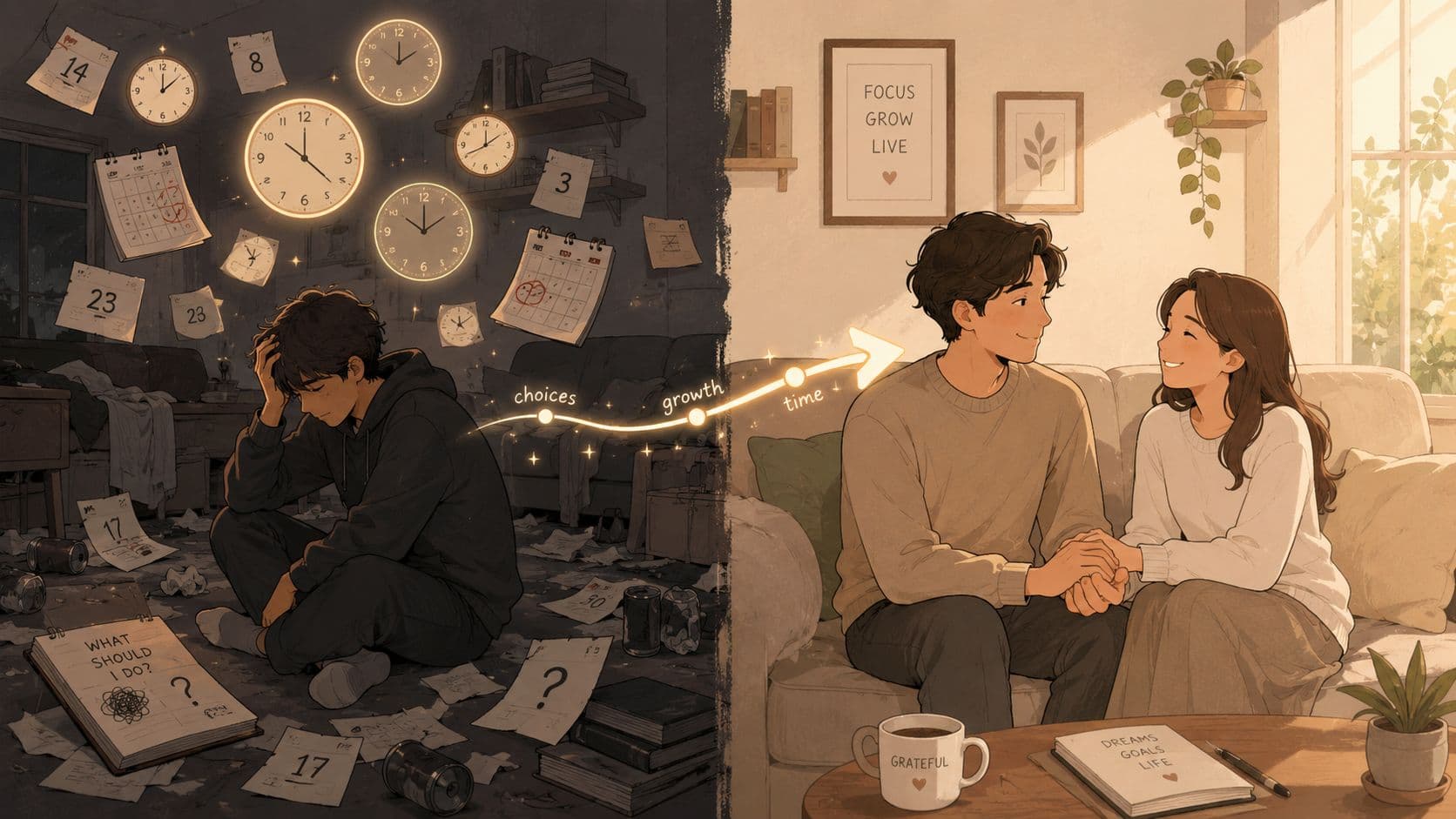 An illustration contrasting a person struggling with life choices with a happy couple in a warm home.