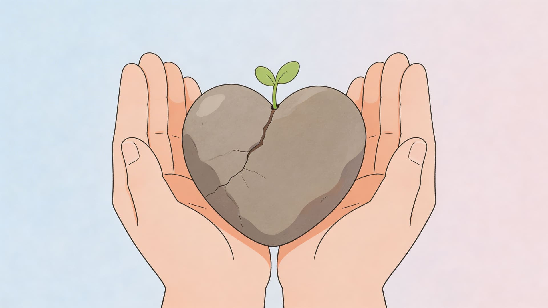 A pair of cupped hands holding a cracked heart-shaped stone with a small green plant sprouting from it.