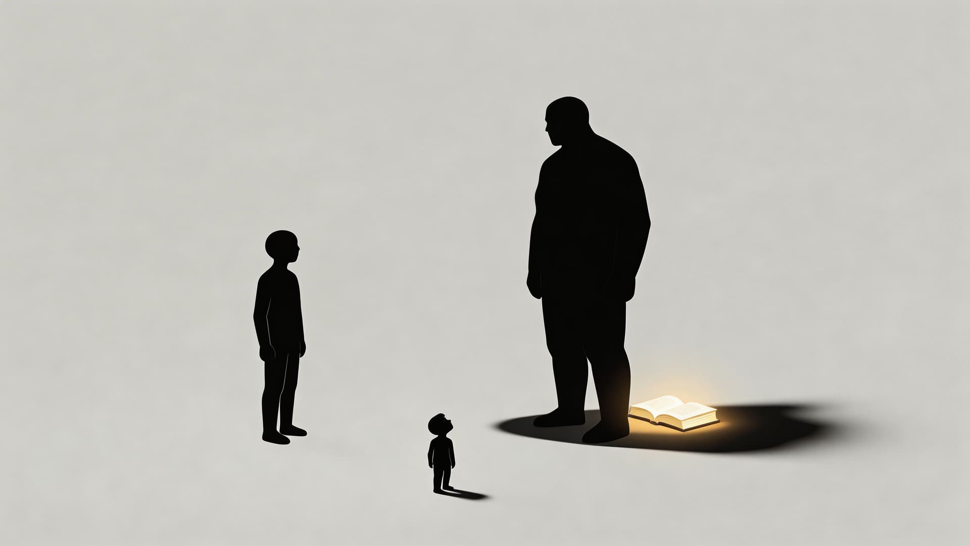 A silhouette of a small child looking up at a giant figure standing near a glowing book.
