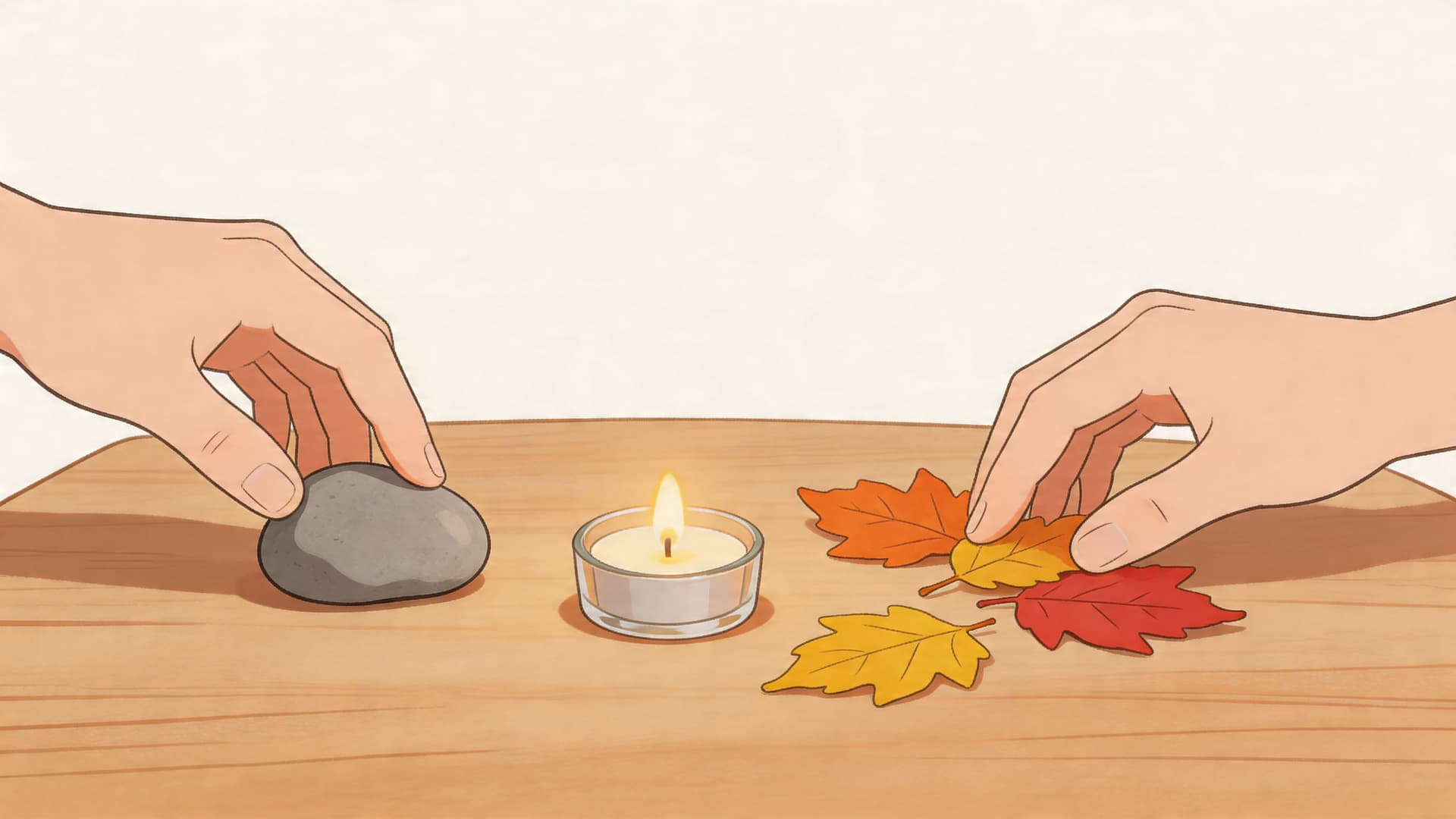 Two hands arranging a stone, a lit tea light candle, and colorful autumn leaves on wood.