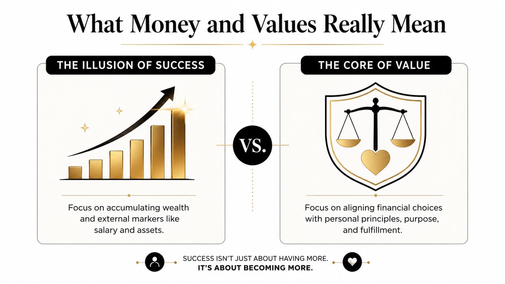 A conceptual graphic contrasting the accumulation of wealth with the importance of aligning finances with personal values.