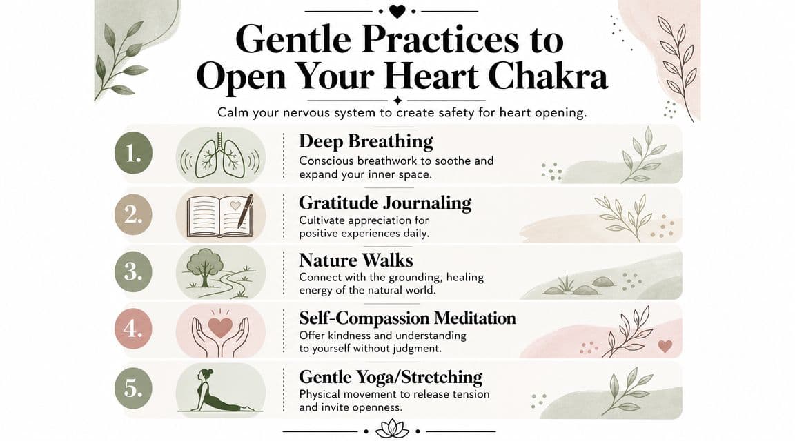 A list of five gentle practices to open the heart chakra, including breathing, journaling, and meditation.