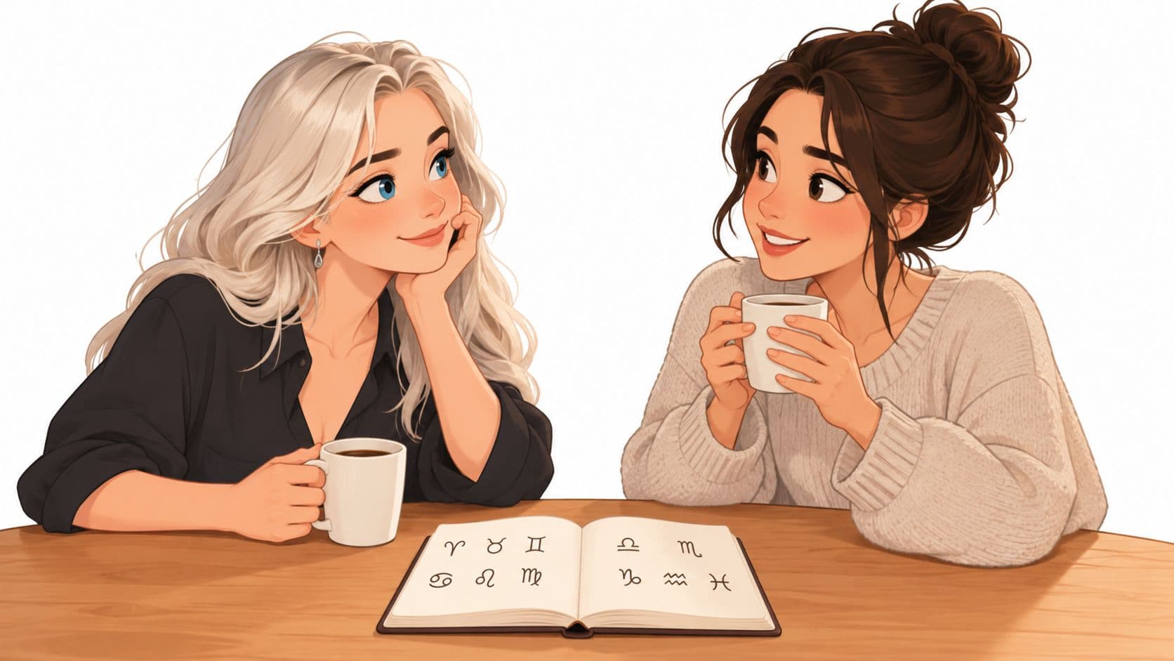 Two women with mugs of coffee sitting at a table looking at a zodiac sign book.