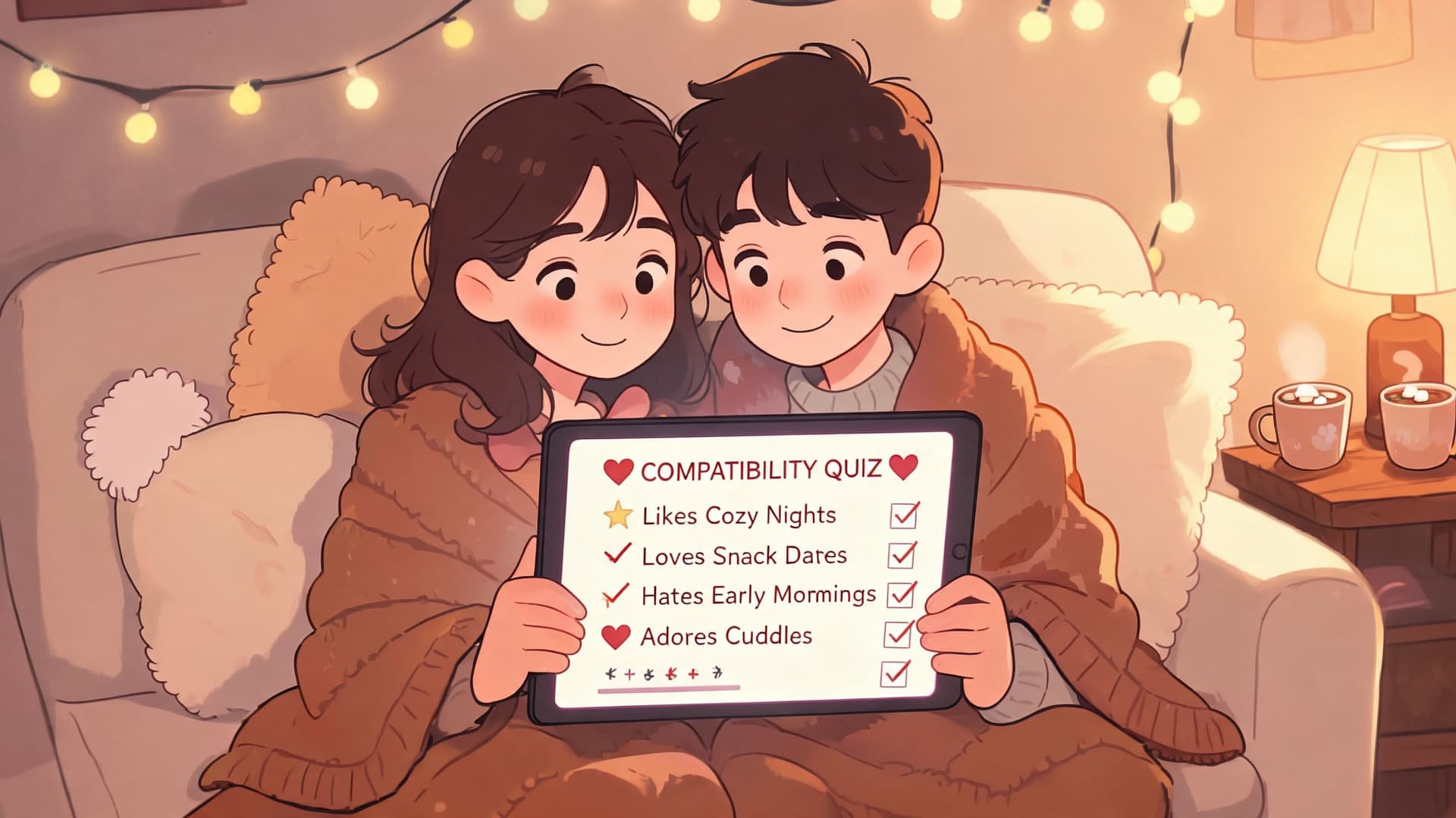 A cute cartoon couple cuddled under a blanket looking at a compatibility quiz on a tablet.