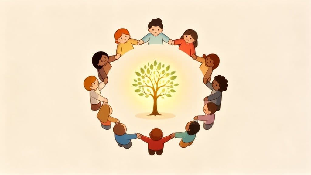 Diverse children holding hands in a circle around a glowing tree, symbolizing unity and nature.